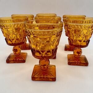 Amber MCM Pedestal Goblets Starburst Base Retro Cocktail Glass Barware Set